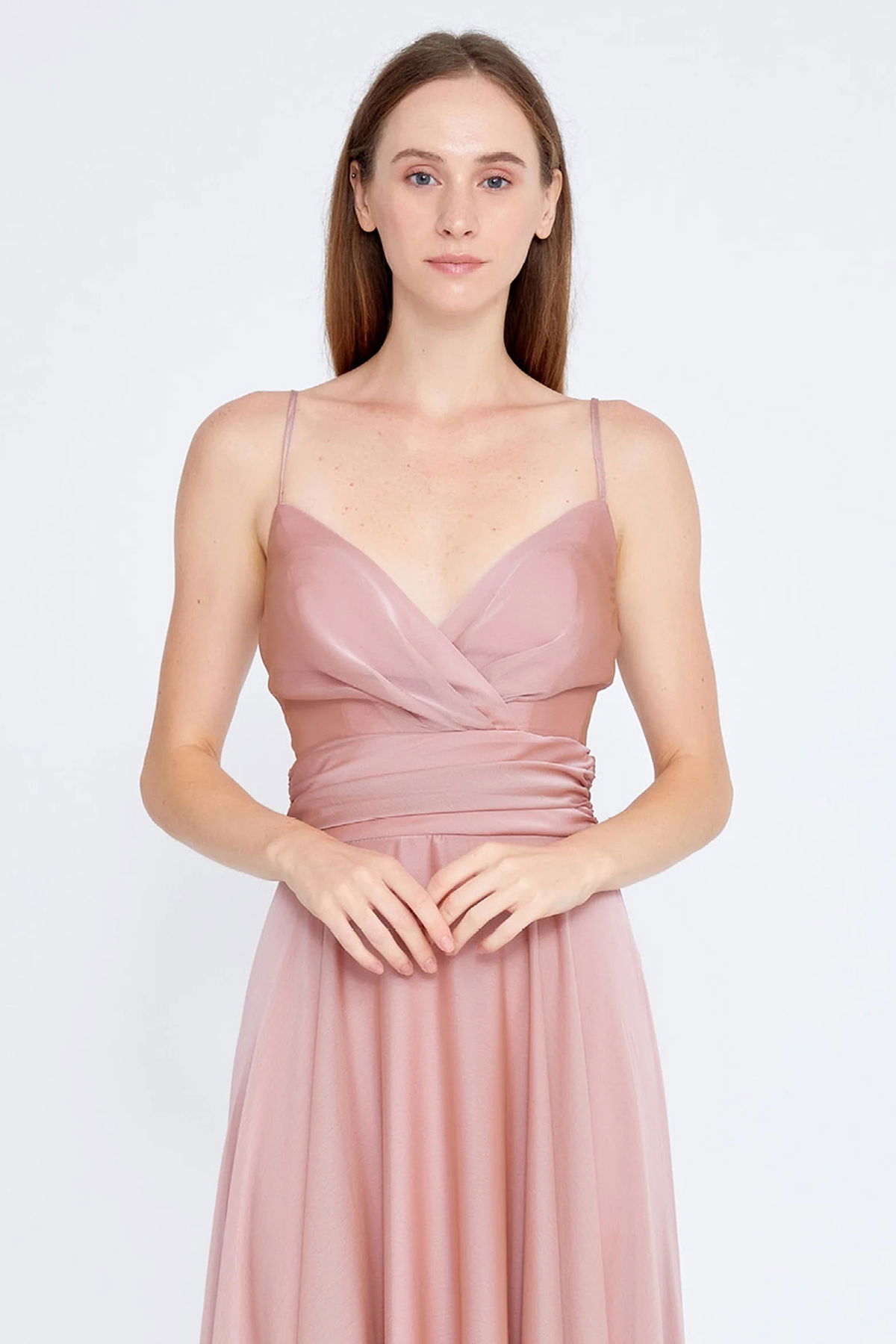 Doridorca Kadın Askılı Sırt Detaylı Uzun Abiye Elbise 5922022 Pudra - 3
