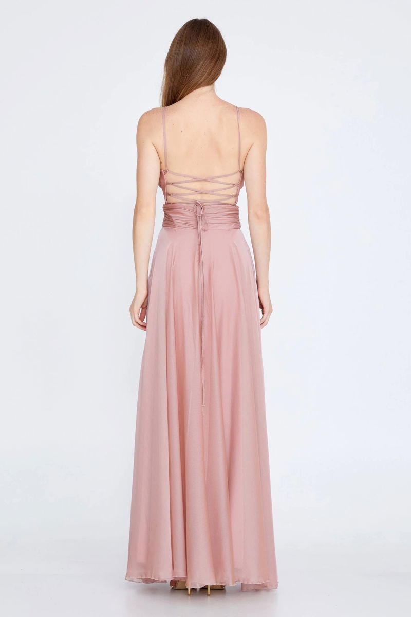 Doridorca Kadın Askılı Sırt Detaylı Uzun Abiye Elbise 5922022 Pudra - 4