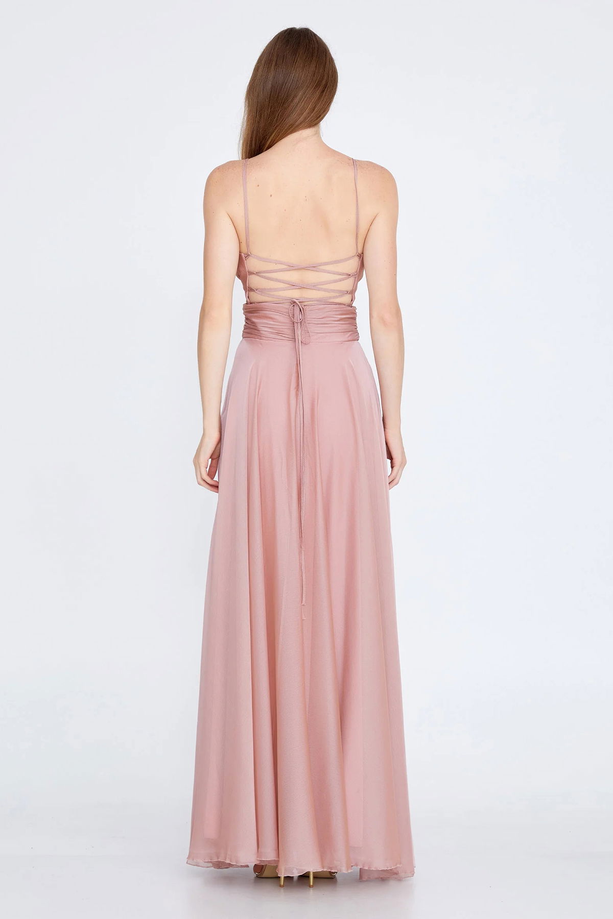 Doridorca Kadın Askılı Sırt Detaylı Uzun Abiye Elbise 5922022 Pudra - 4