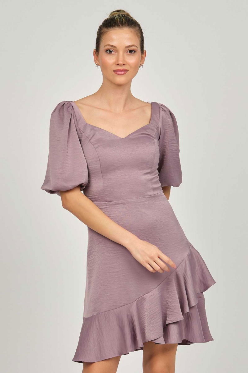 Doridorca Kadın Balon Kol Mini Abiye Elbise 5923074 Lila - 2