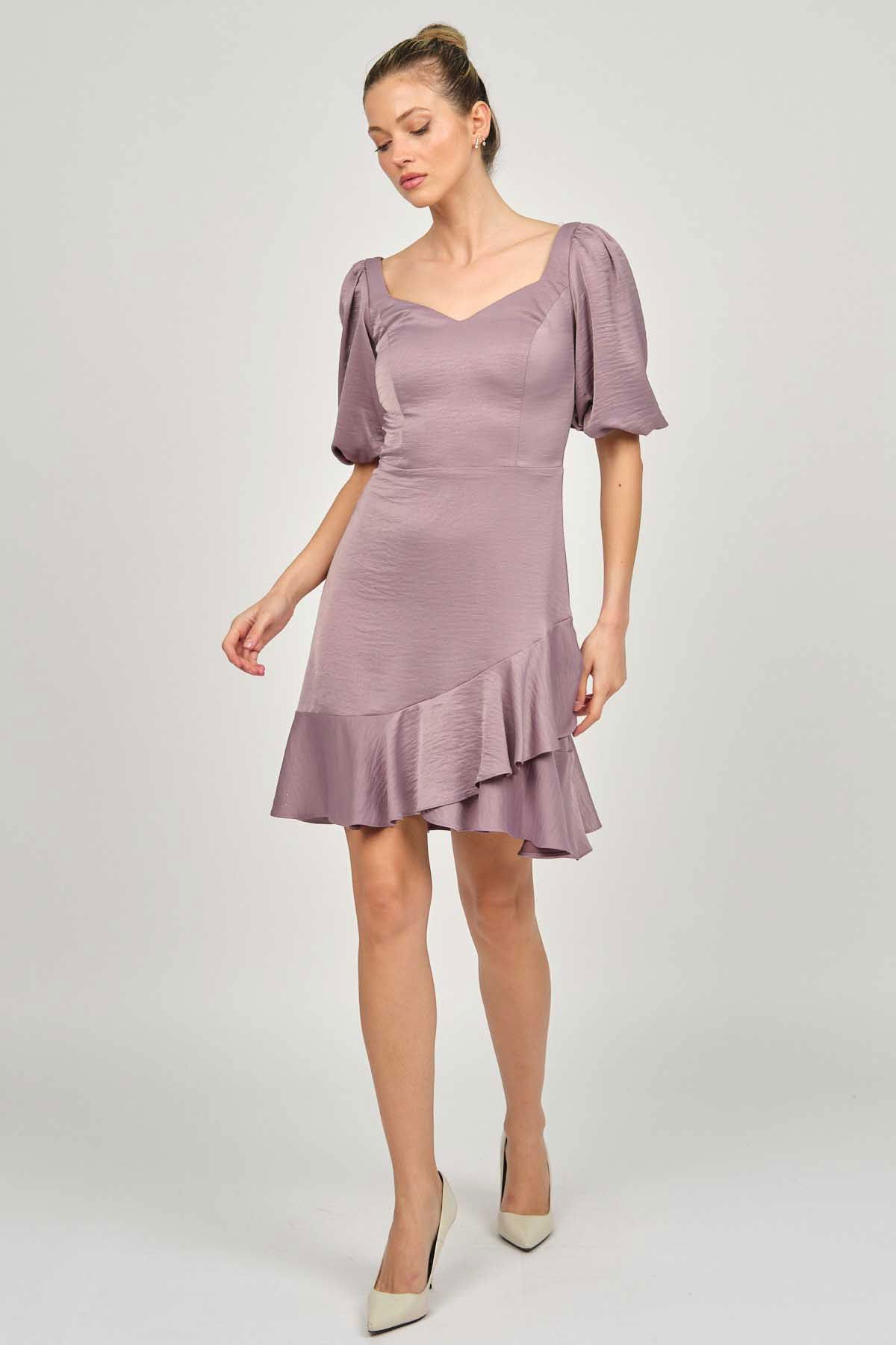 Doridorca Kadın Balon Kol Mini Abiye Elbise 5923074 Lila - 3