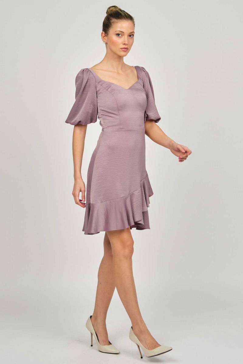 Doridorca Kadın Balon Kol Mini Abiye Elbise 5923074 Lila - 4