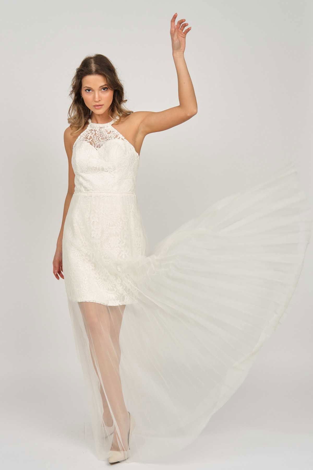 Doridorca Kadın Boyundan Bağlamalı Abiye Elbise 5928098 Kemik - 1