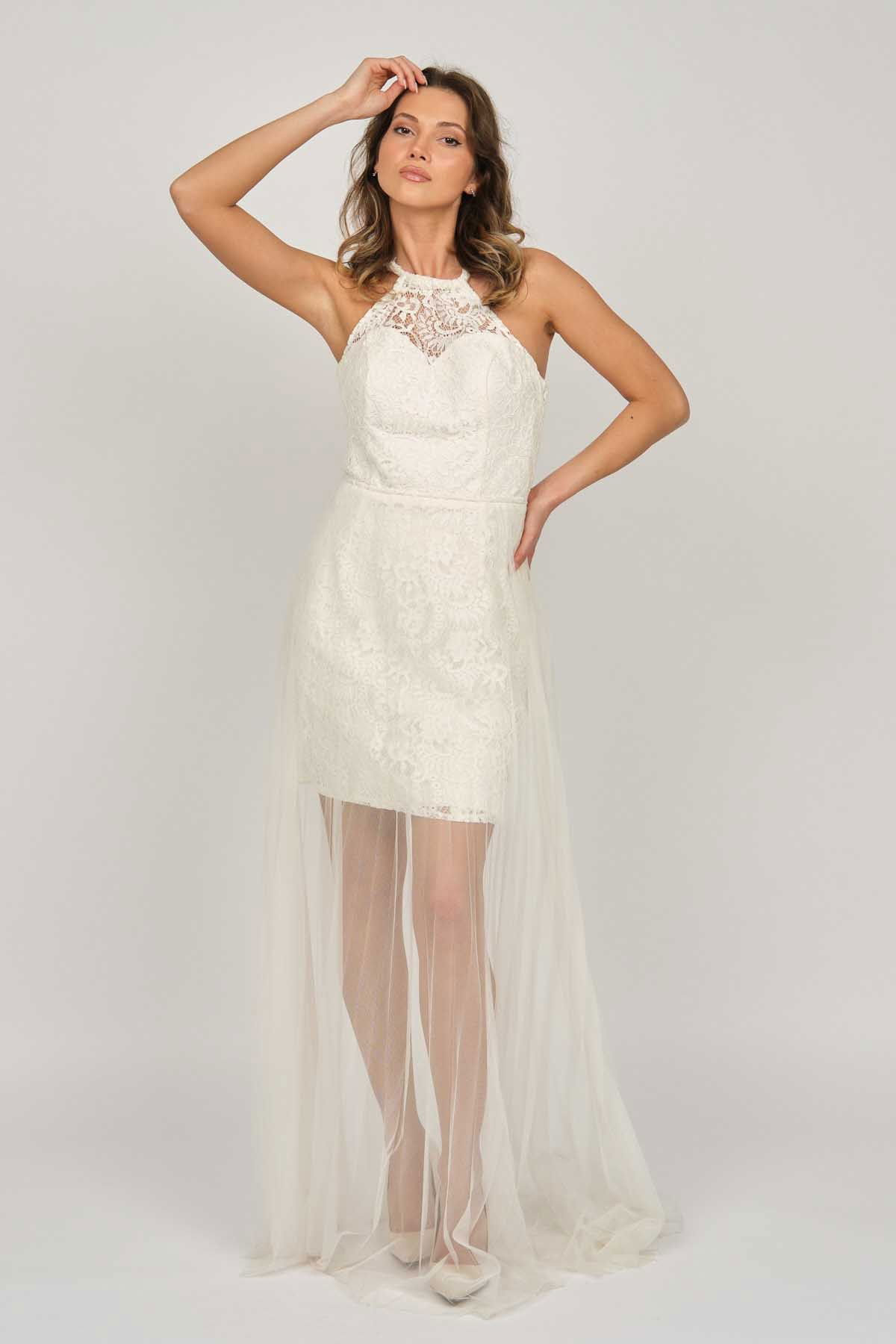 Doridorca Kadın Boyundan Bağlamalı Abiye Elbise 5928098 Kemik - 2