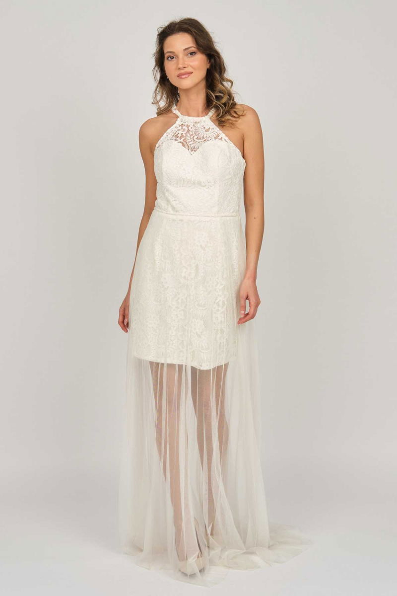 Doridorca Kadın Boyundan Bağlamalı Abiye Elbise 5928098 Kemik - 3