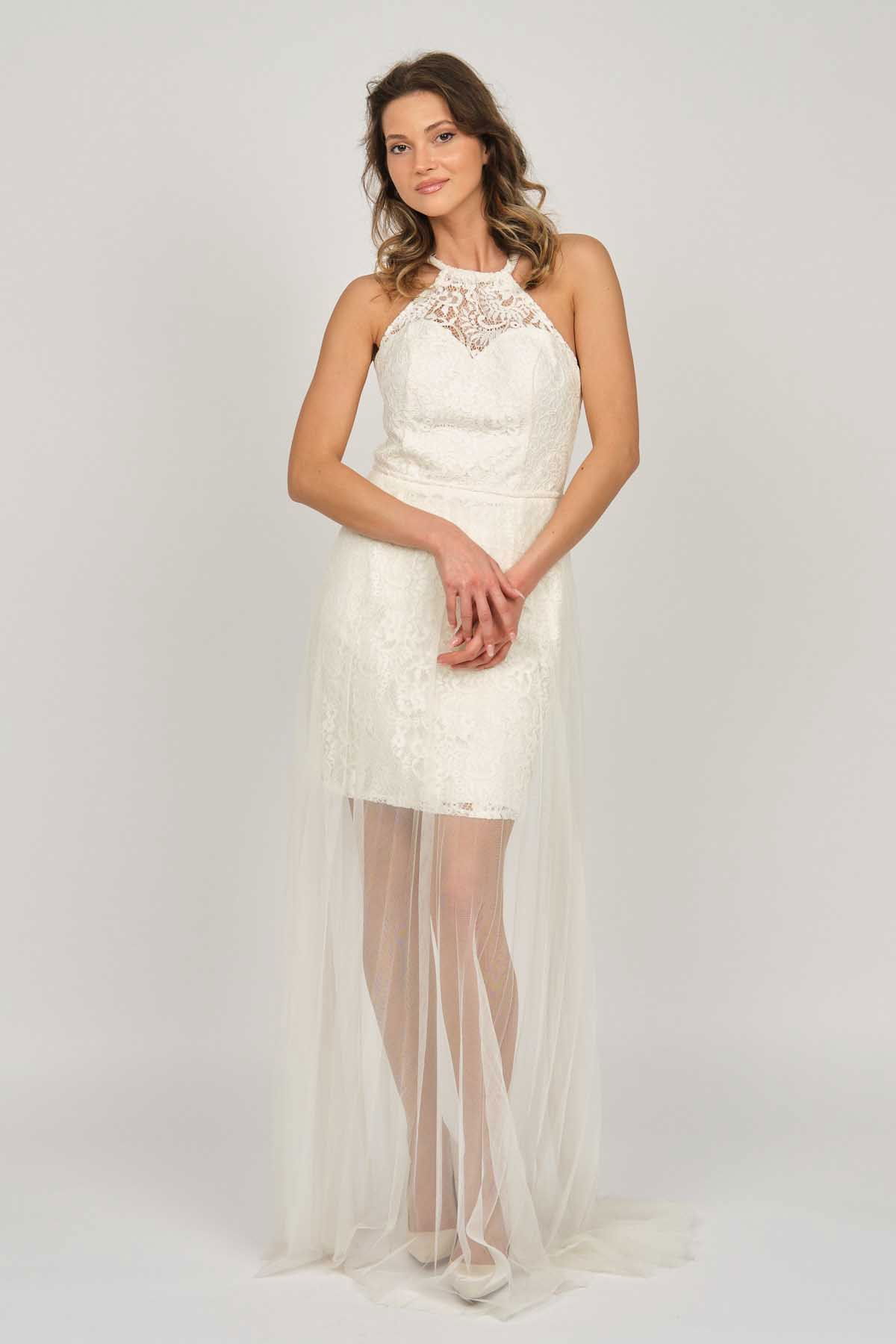 Doridorca Kadın Boyundan Bağlamalı Abiye Elbise 5928098 Kemik - 4