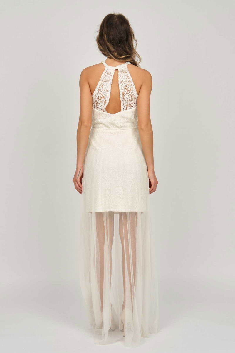 Doridorca Kadın Boyundan Bağlamalı Abiye Elbise 5928098 Kemik - 5