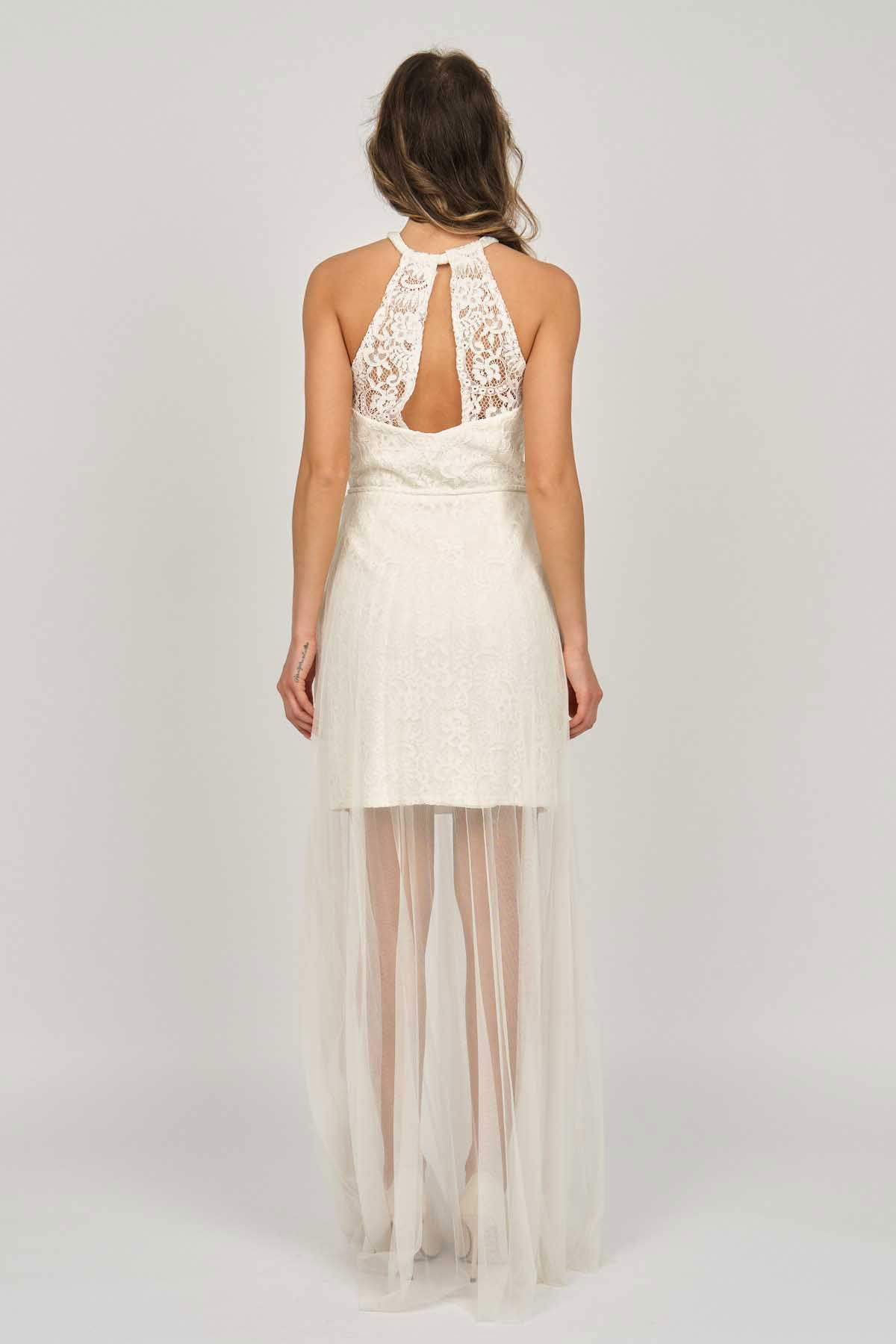 Doridorca Kadın Boyundan Bağlamalı Abiye Elbise 5928098 Kemik - 5