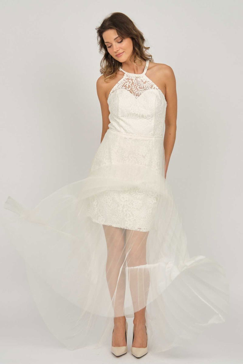 Doridorca Kadın Boyundan Bağlamalı Abiye Elbise 5928098 Kemik - 6