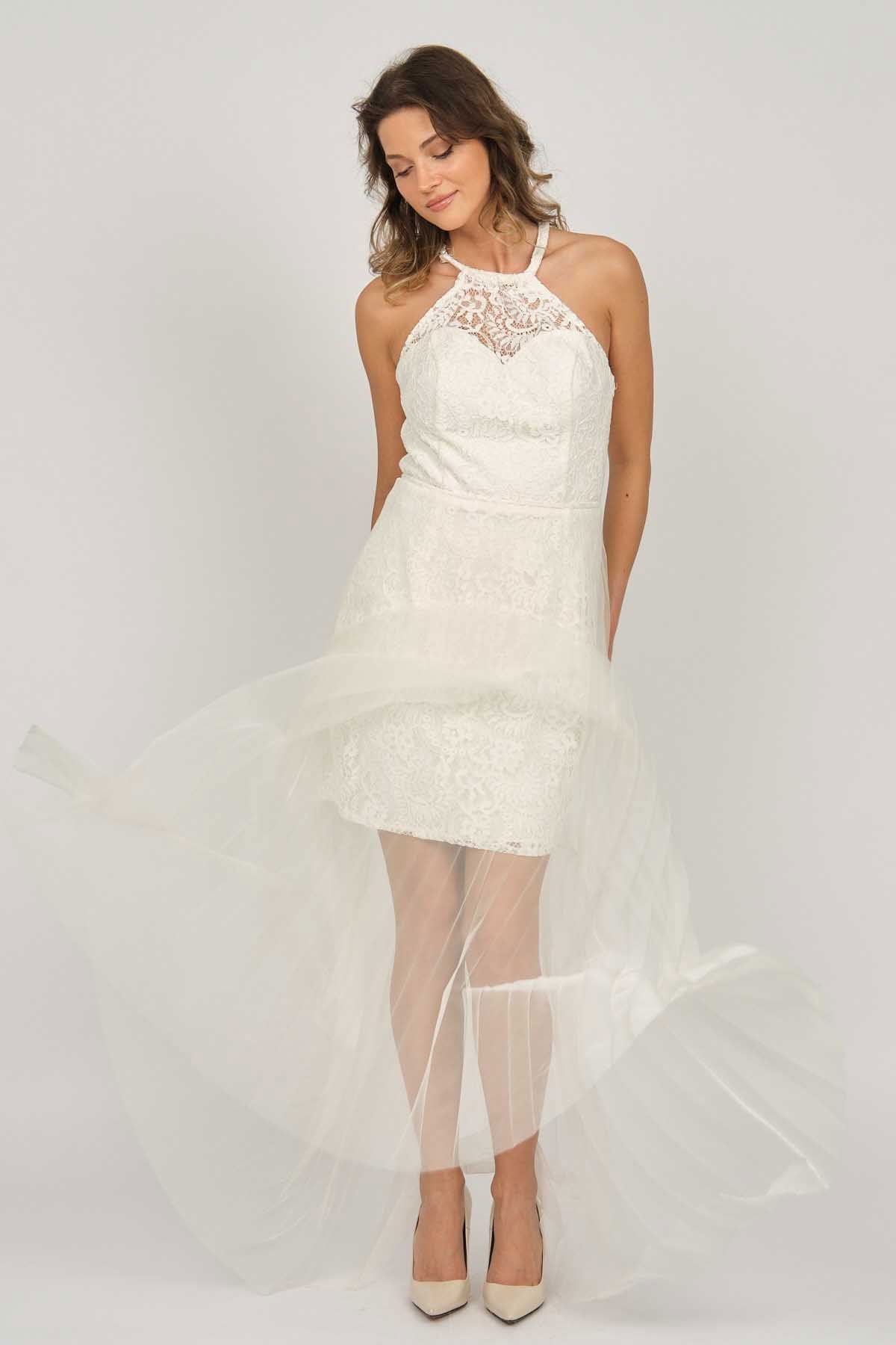 Doridorca Kadın Boyundan Bağlamalı Abiye Elbise 5928098 Kemik - 6