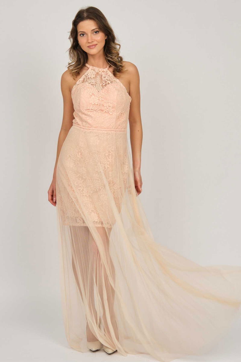 Doridorca Kadın Boyundan Bağlamalı Abiye Elbise 5928098 Somon - Doridorca