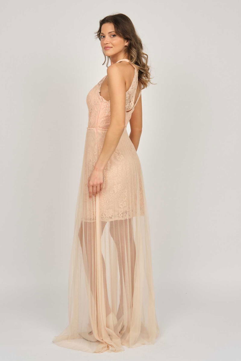 Doridorca Kadın Boyundan Bağlamalı Abiye Elbise 5928098 Somon - 5