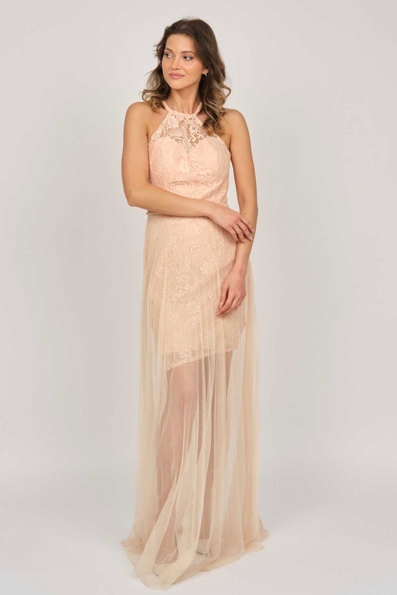 Doridorca Kadın Boyundan Bağlamalı Abiye Elbise 5928098 Somon - 6