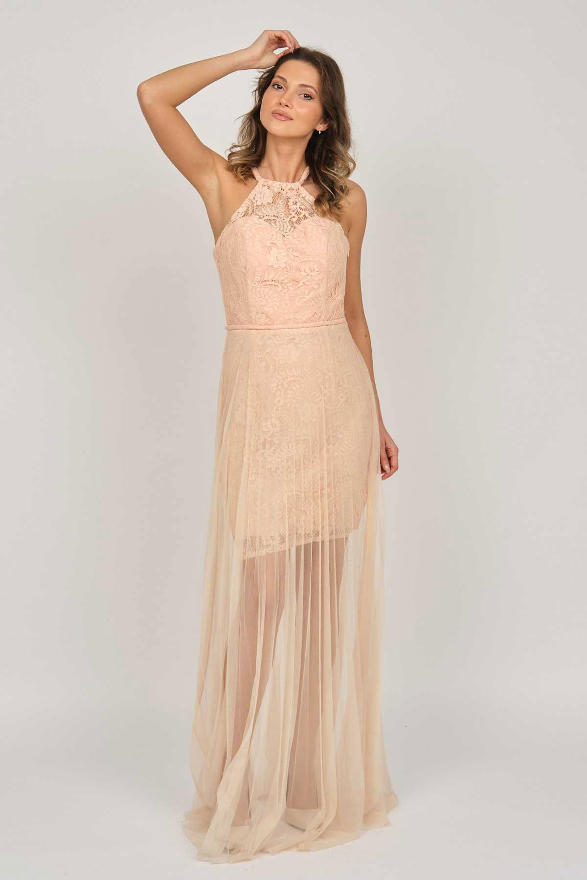 Doridorca Kadın Boyundan Bağlamalı Abiye Elbise 5928098 Somon - 7