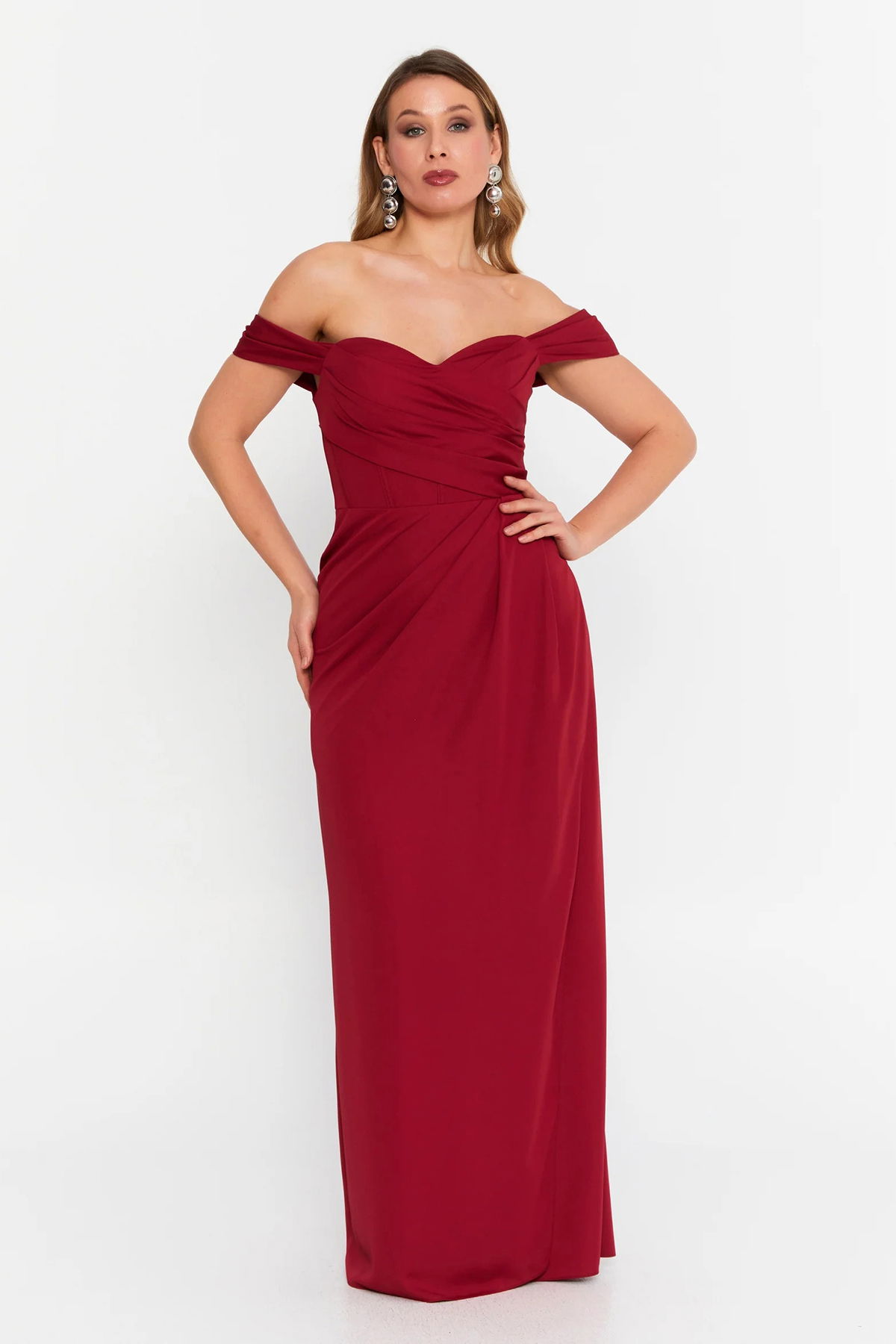 Doridorca Kadın Büyük Beden Kalp Yaka Krep Kumaş Uzun Abiye Elbise 6062 Bordo - 1