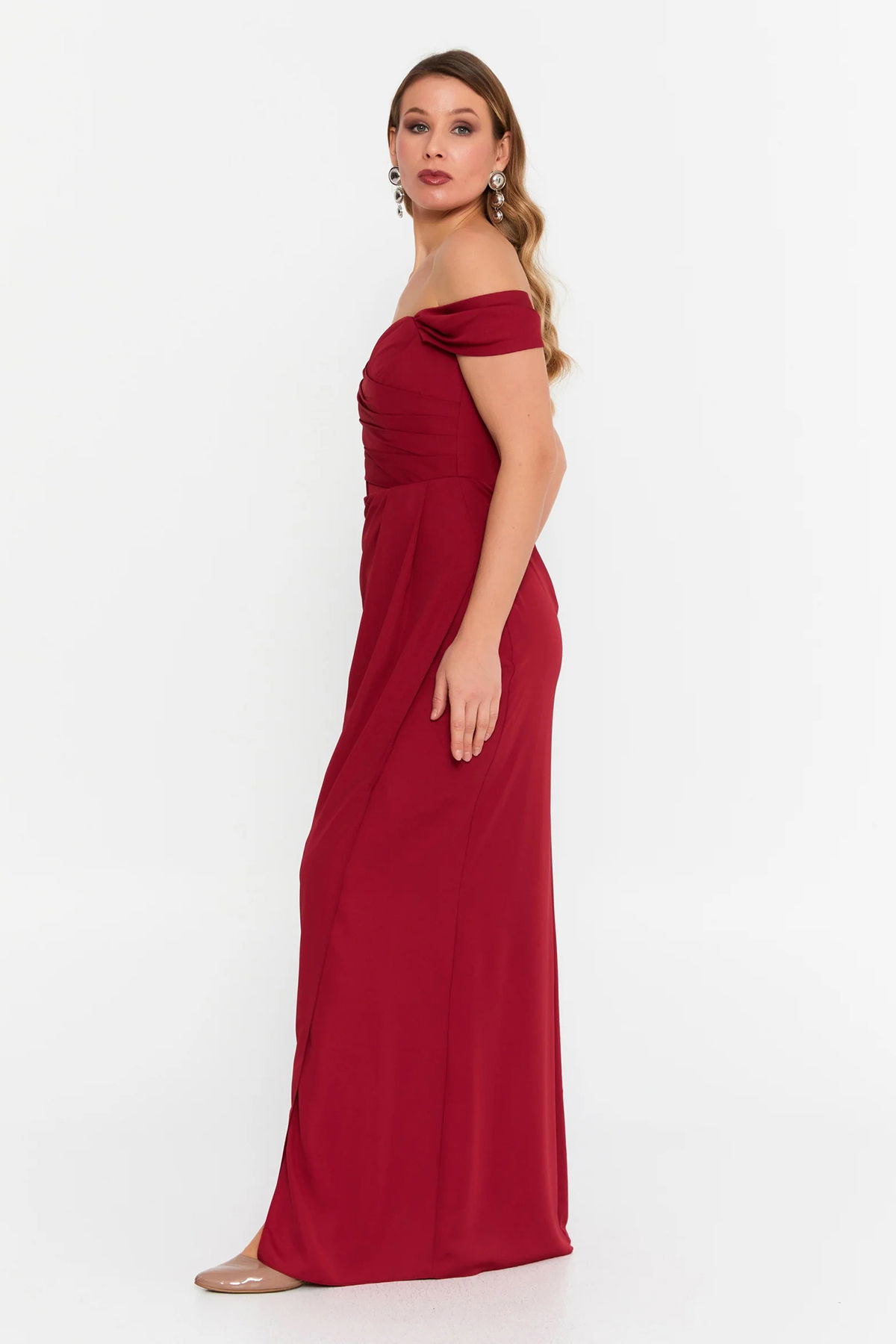 Doridorca Kadın Büyük Beden Kalp Yaka Krep Kumaş Uzun Abiye Elbise 6062 Bordo - 2