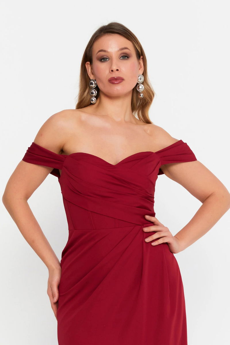 Doridorca Kadın Büyük Beden Kalp Yaka Krep Kumaş Uzun Abiye Elbise 6062 Bordo - 3