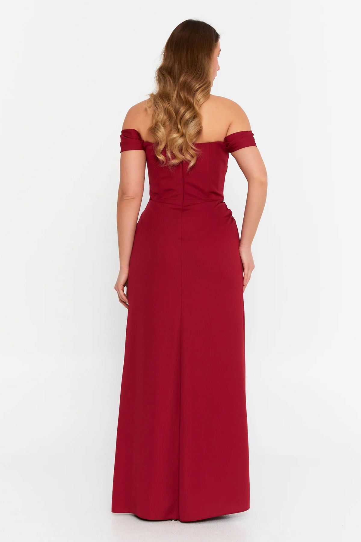 Doridorca Kadın Büyük Beden Kalp Yaka Krep Kumaş Uzun Abiye Elbise 6062 Bordo - 4