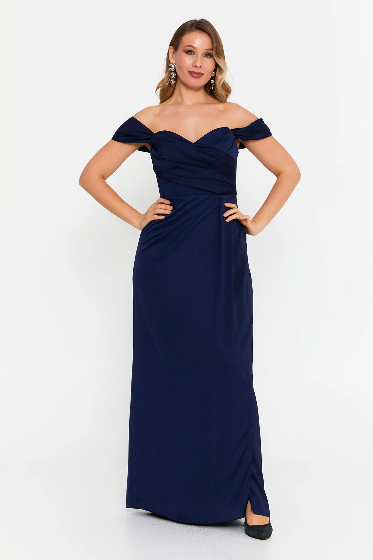 Doridorca Kadın Büyük Beden Kalp Yaka Krep Kumaş Uzun Abiye Elbise 6062 Lacivert - 1