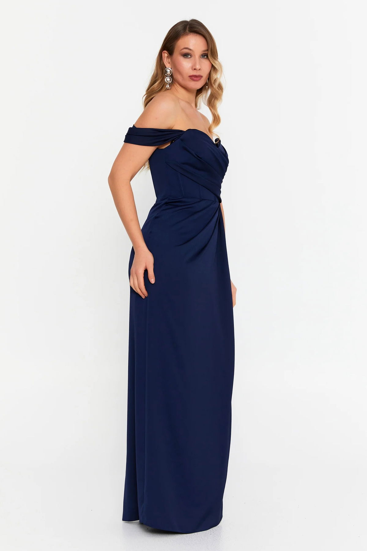 Doridorca Kadın Büyük Beden Kalp Yaka Krep Kumaş Uzun Abiye Elbise 6062 Lacivert - 2