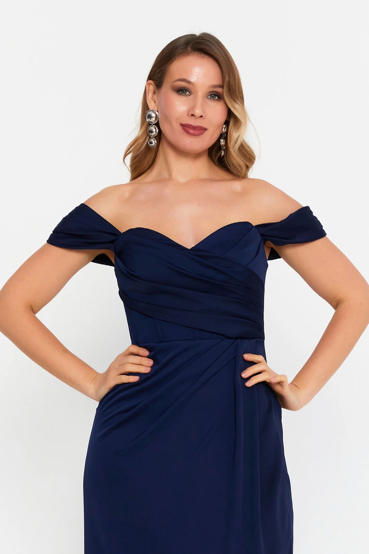 Doridorca Kadın Büyük Beden Kalp Yaka Krep Kumaş Uzun Abiye Elbise 6062 Lacivert - 3