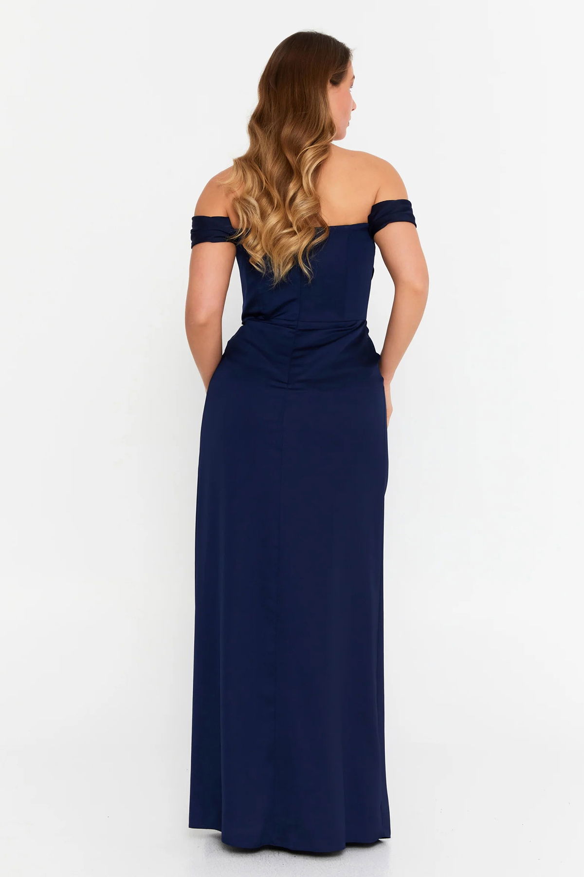 Doridorca Kadın Büyük Beden Kalp Yaka Krep Kumaş Uzun Abiye Elbise 6062 Lacivert - 4