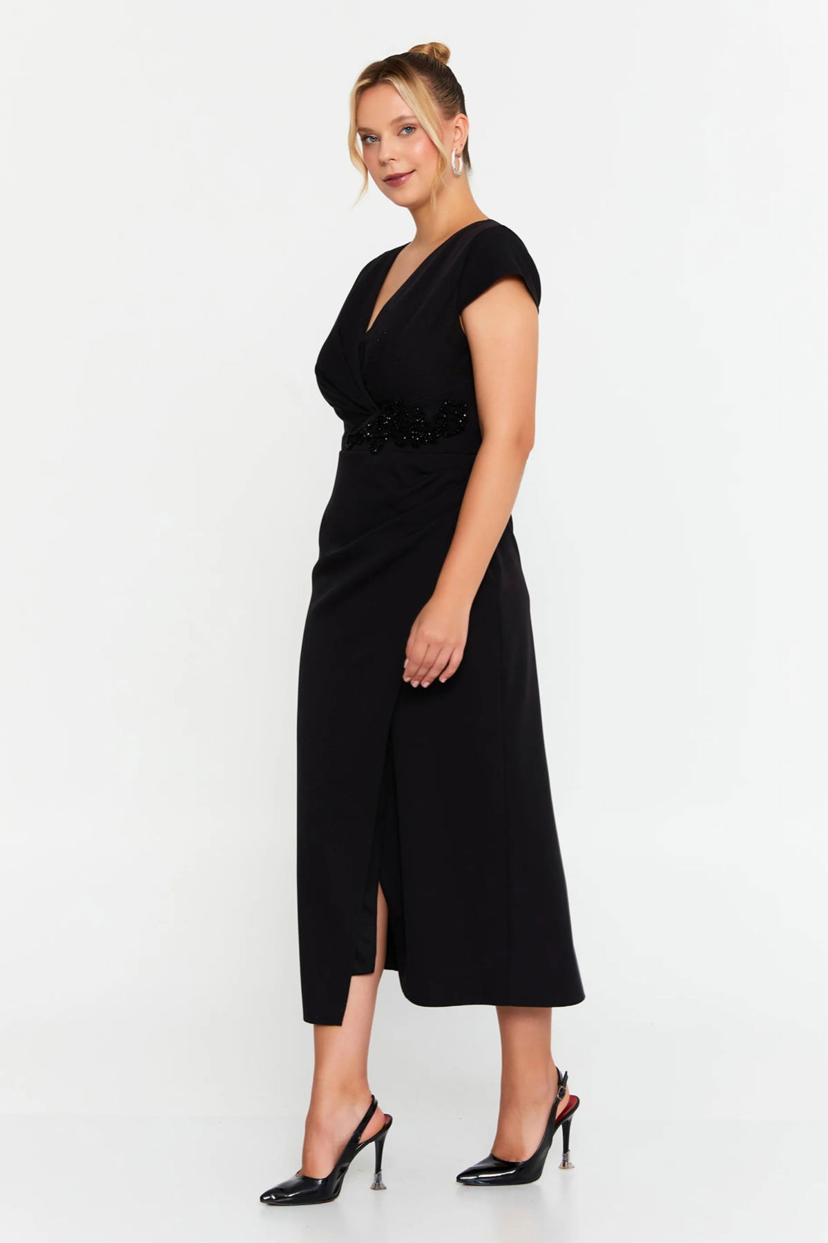 Doridorca Kadın Büyük Beden Kruvaze Beli Taş Detaylı Kısa Kol Midi Abiye Elbise 7023 Siyah - 2