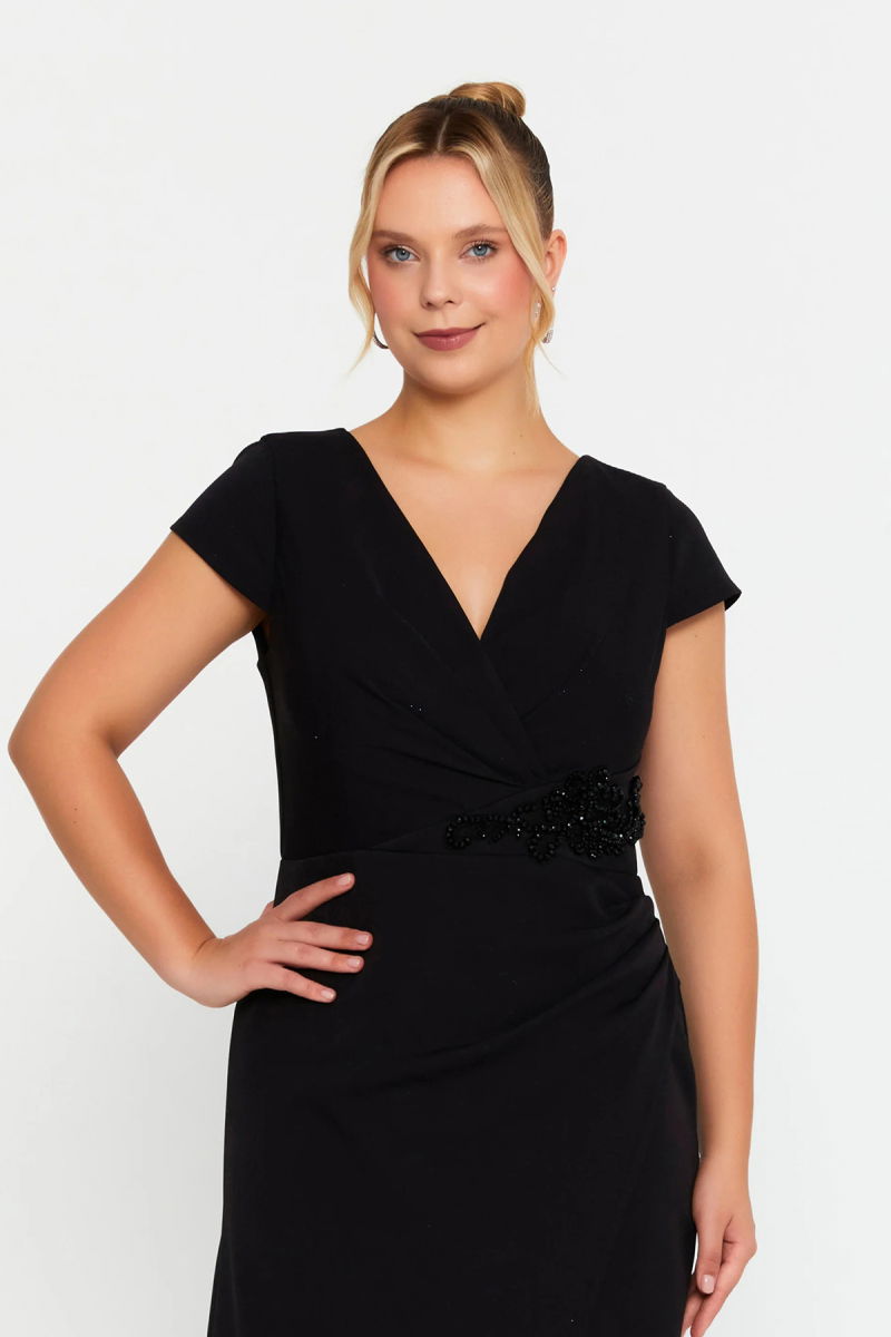 Doridorca Kadın Büyük Beden Kruvaze Beli Taş Detaylı Kısa Kol Midi Abiye Elbise 7023 Siyah - 3