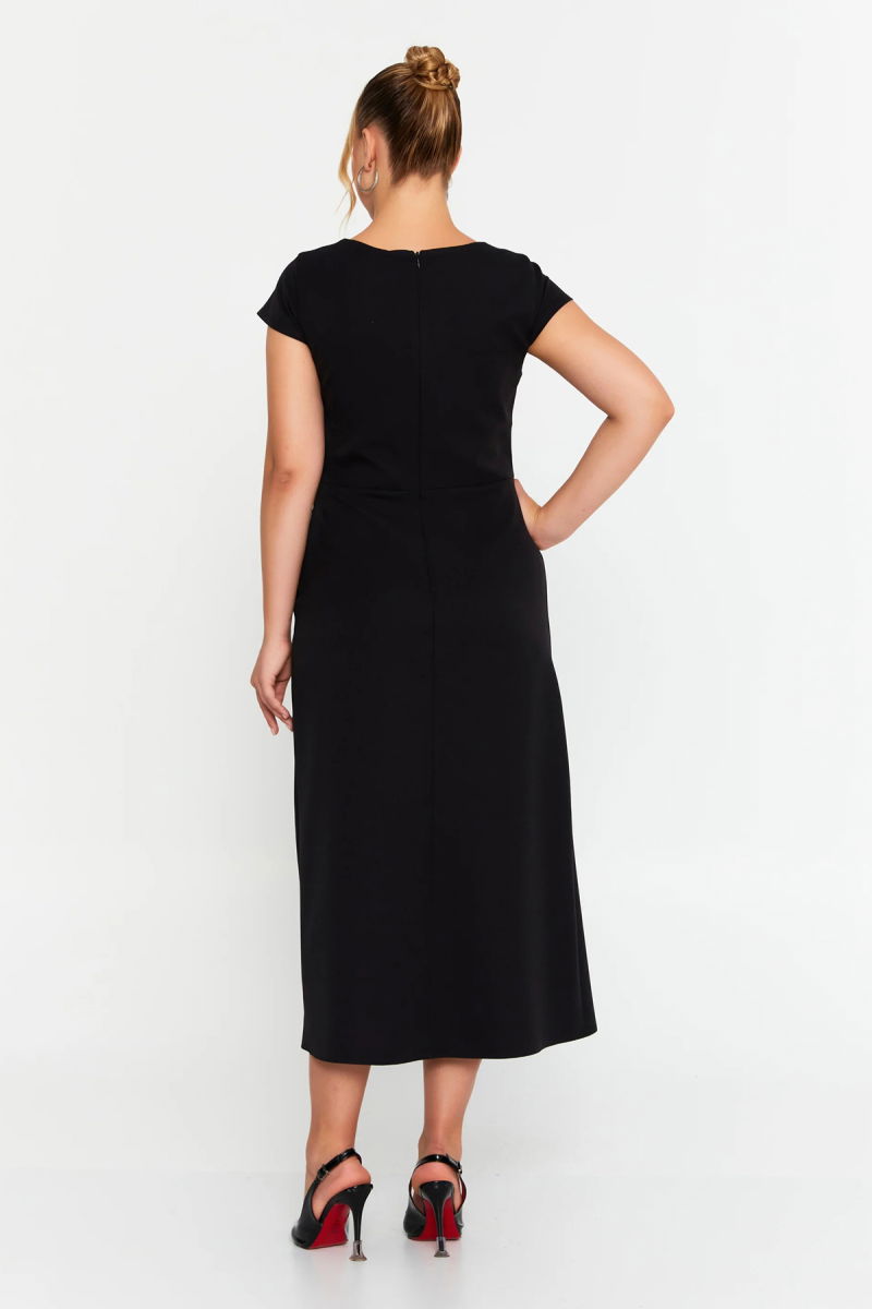 Doridorca Kadın Büyük Beden Kruvaze Beli Taş Detaylı Kısa Kol Midi Abiye Elbise 7023 Siyah - 4