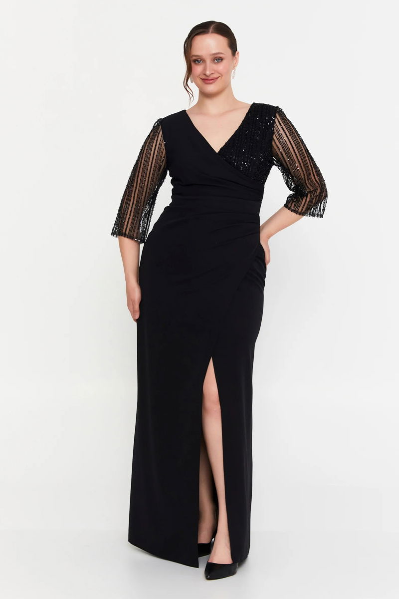 Doridorca Kadın Büyük Beden Kruvaze Kolları Taşlı Uzun Abiye Elbise 7019 Siyah - Doridorca