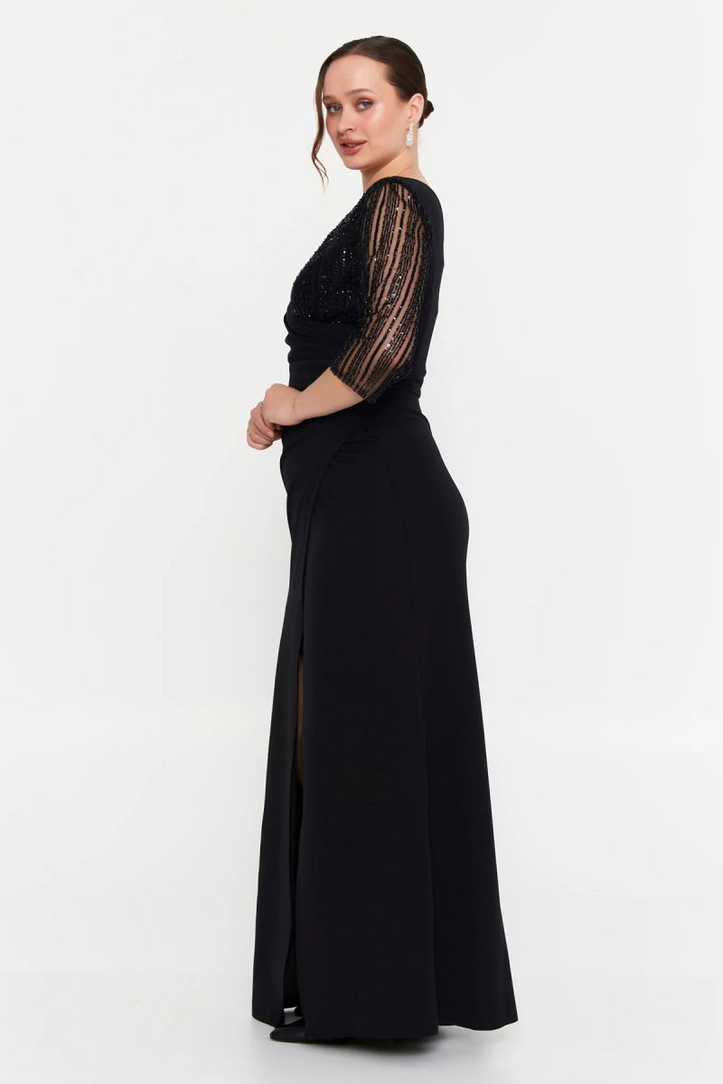 Doridorca Kadın Büyük Beden Kruvaze Kolları Taşlı Uzun Abiye Elbise 7019 Siyah - 2