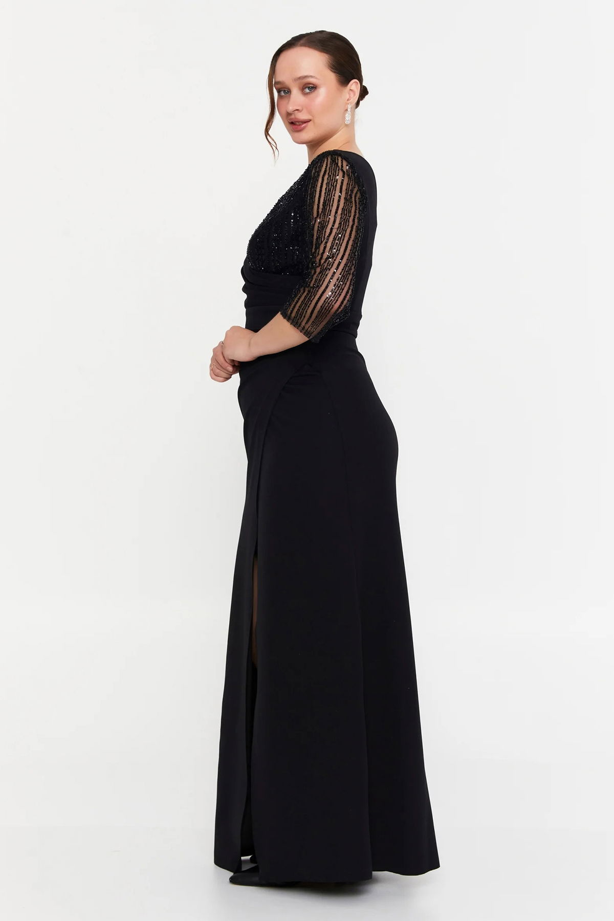 Doridorca Kadın Büyük Beden Kruvaze Kolları Taşlı Uzun Abiye Elbise 7019 Siyah - 2