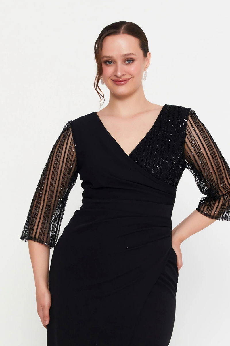 Doridorca Kadın Büyük Beden Kruvaze Kolları Taşlı Uzun Abiye Elbise 7019 Siyah - 3