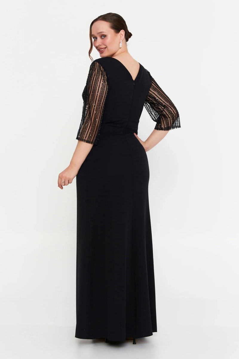 Doridorca Kadın Büyük Beden Kruvaze Kolları Taşlı Uzun Abiye Elbise 7019 Siyah - 4