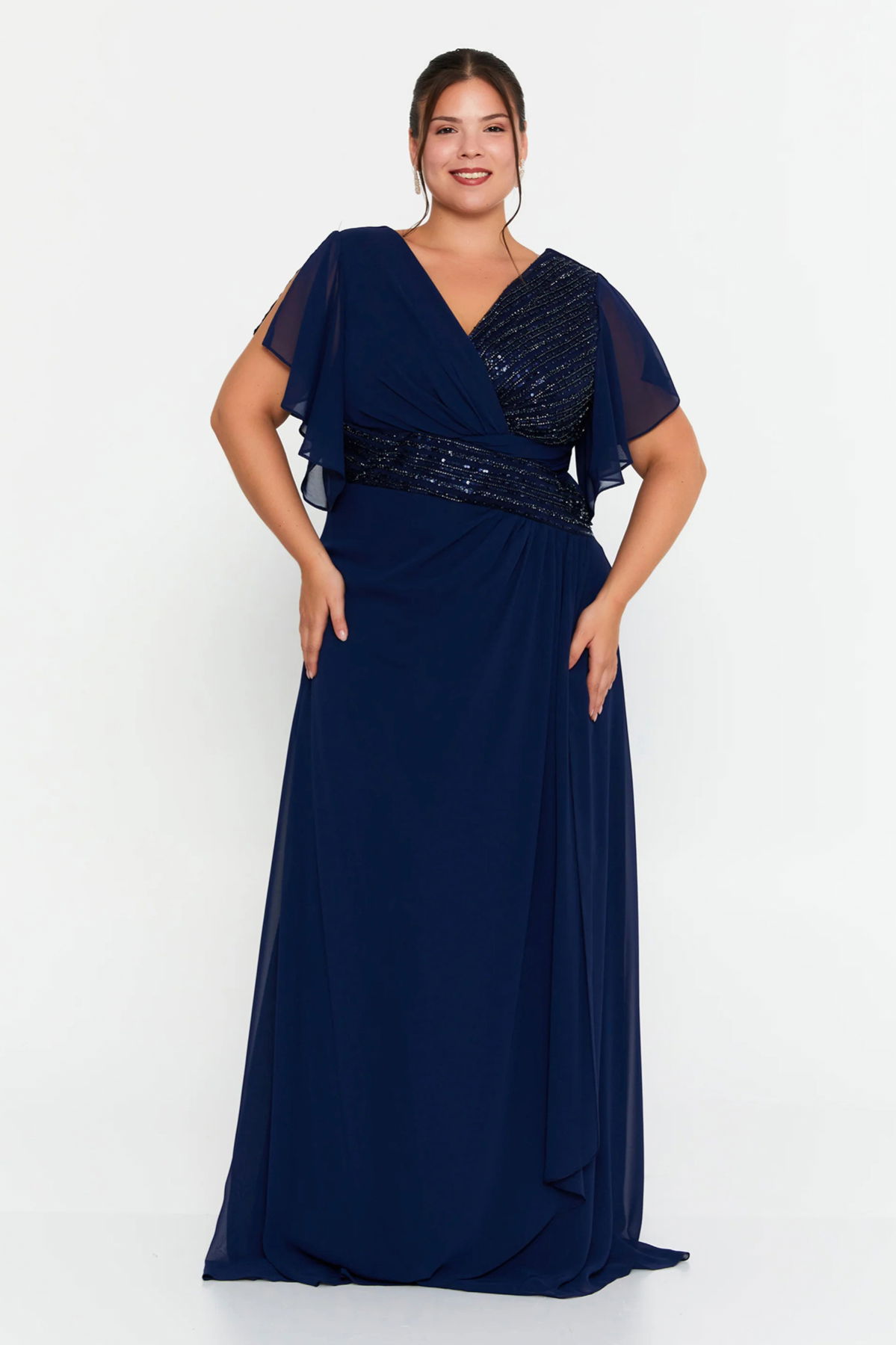 Doridorca Kadın Büyük Beden Kruvaze Yaka Şifon Uzun Abiye Elbise 7038 Lacivert - 1