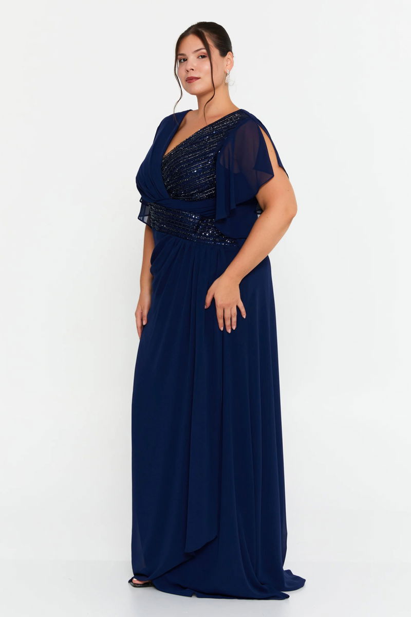 Doridorca Kadın Büyük Beden Kruvaze Yaka Şifon Uzun Abiye Elbise 7038 Lacivert - 2