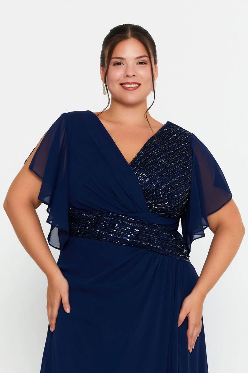 Doridorca Kadın Büyük Beden Kruvaze Yaka Şifon Uzun Abiye Elbise 7038 Lacivert - 3