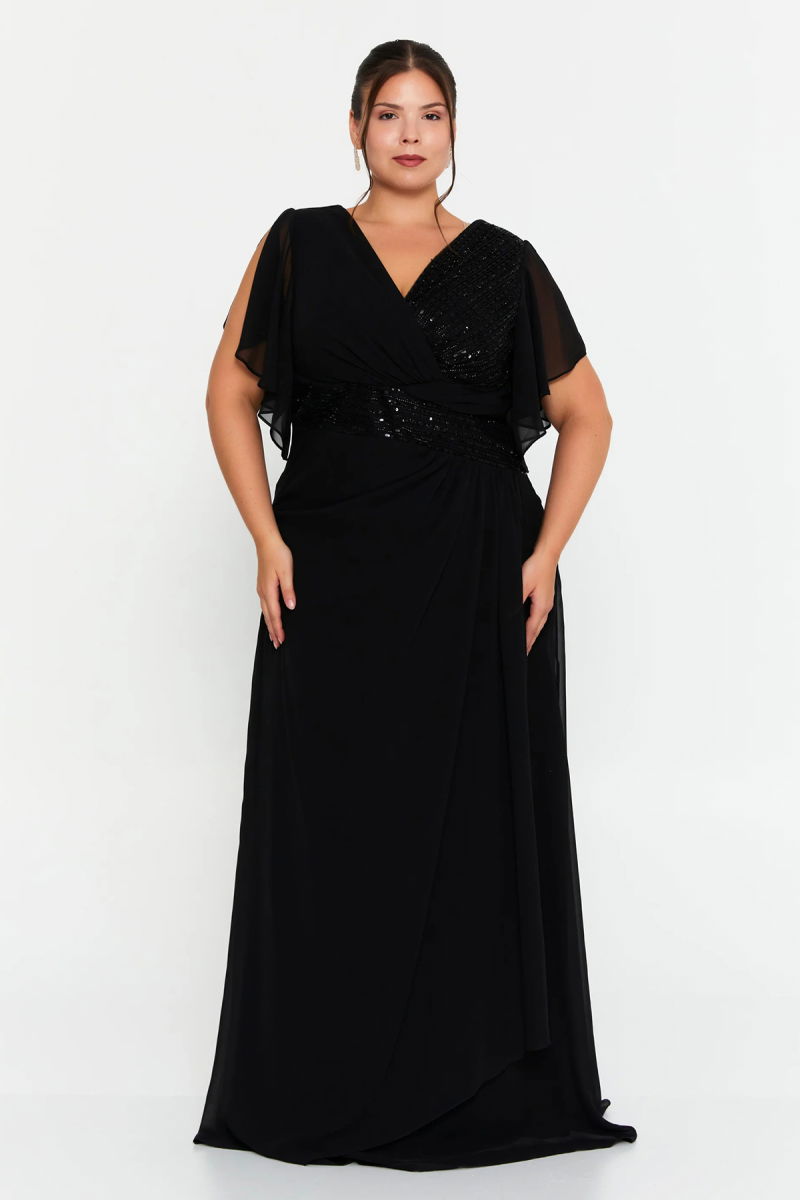 Doridorca Kadın Büyük Beden Kruvaze Yaka Şifon Uzun Abiye Elbise 7038 Siyah - Doridorca