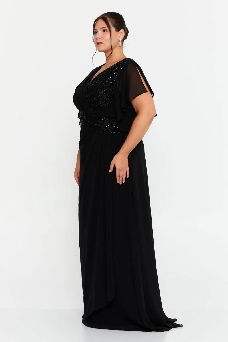 Doridorca Kadın Büyük Beden Kruvaze Yaka Şifon Uzun Abiye Elbise 7038 Siyah - 2