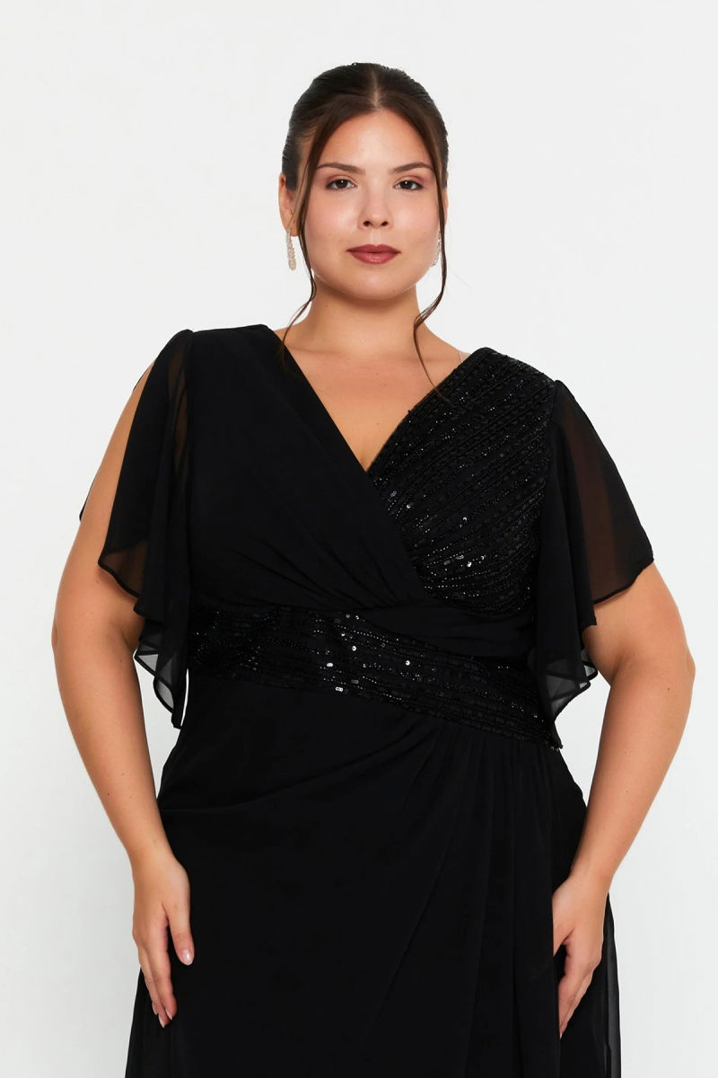 Doridorca Kadın Büyük Beden Kruvaze Yaka Şifon Uzun Abiye Elbise 7038 Siyah - 3