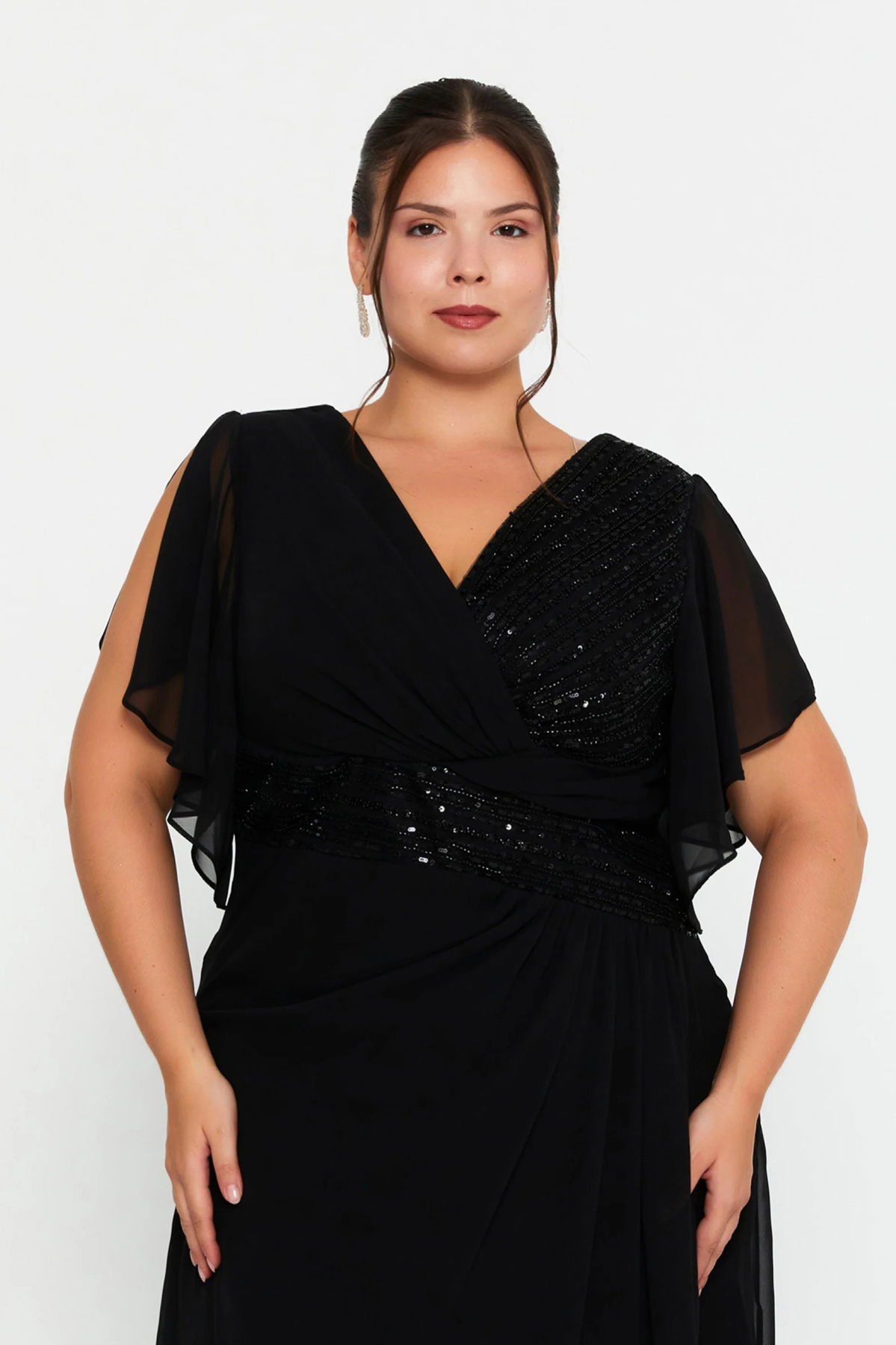 Doridorca Kadın Büyük Beden Kruvaze Yaka Şifon Uzun Abiye Elbise 7038 Siyah - 3