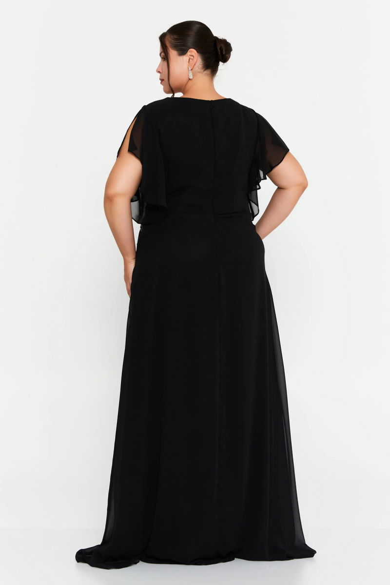 Doridorca Kadın Büyük Beden Kruvaze Yaka Şifon Uzun Abiye Elbise 7038 Siyah - 4