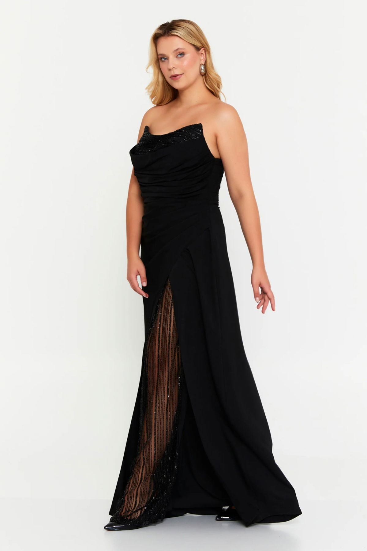 Doridorca Kadın Büyük Beden Straplez Göğsü Taş İşlemeli Uzun Abiye Elbise 7086 Siyah - 2