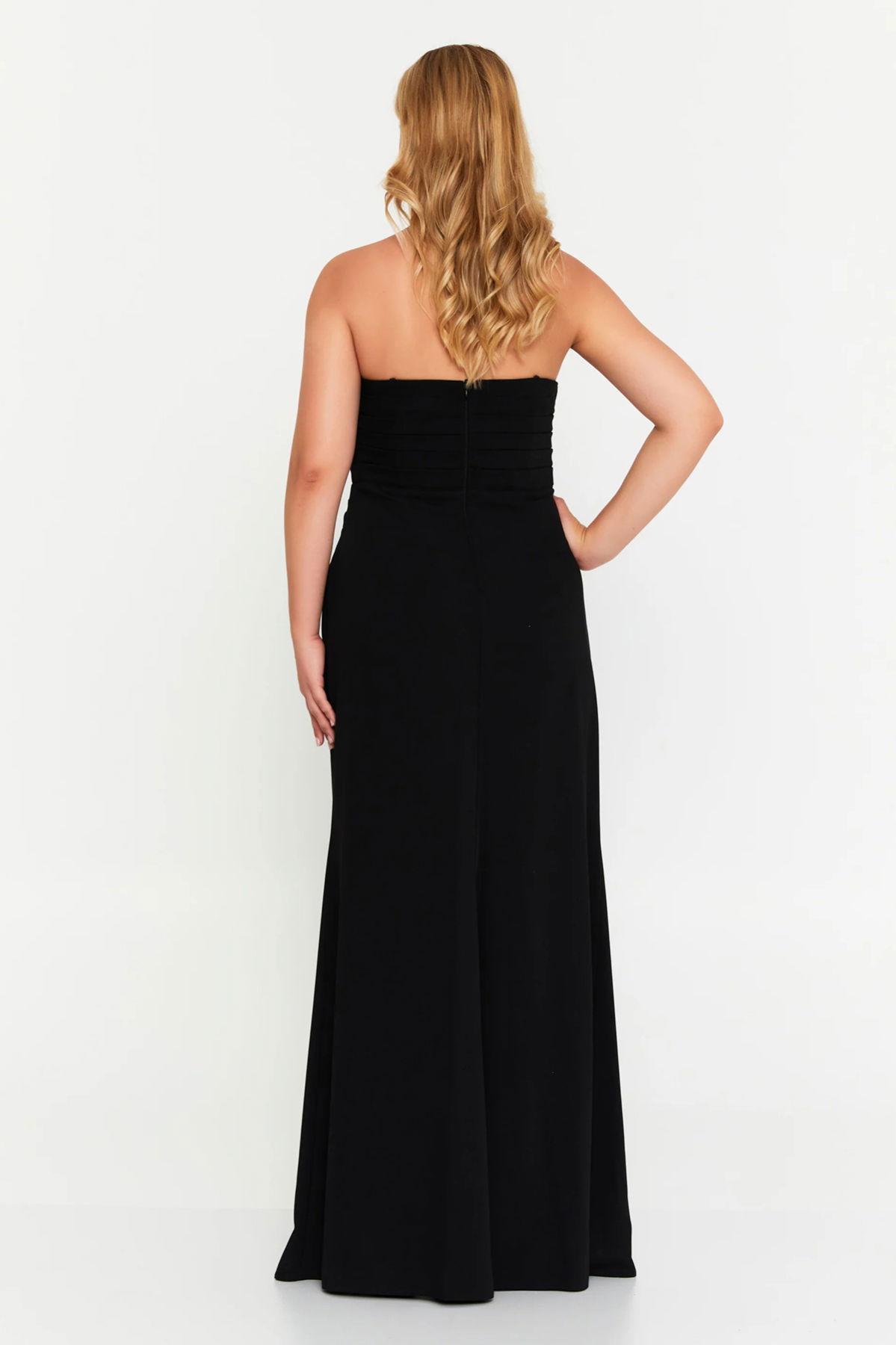 Doridorca Kadın Büyük Beden Straplez Göğsü Taş İşlemeli Uzun Abiye Elbise 7086 Siyah - 4