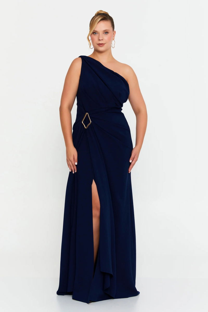 Doridorca Kadın Büyük Beden Tek Omuz Detaylı Derin Yırtmaçlı Abiye Elbise 7132 Lacivert - Doridorca