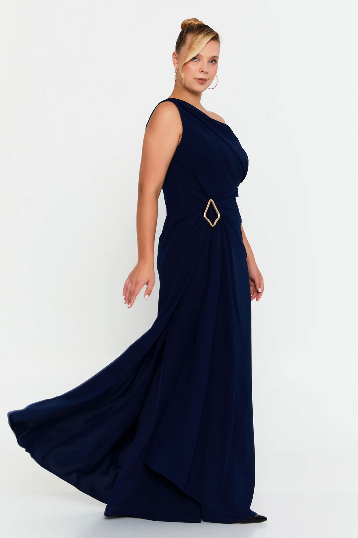 Doridorca Kadın Büyük Beden Tek Omuz Detaylı Derin Yırtmaçlı Abiye Elbise 7132 Lacivert - 2