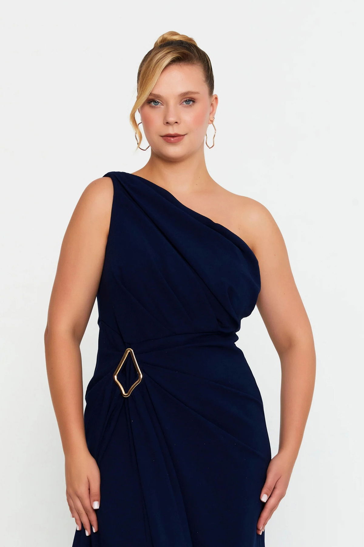 Doridorca Kadın Büyük Beden Tek Omuz Detaylı Derin Yırtmaçlı Abiye Elbise 7132 Lacivert - 3