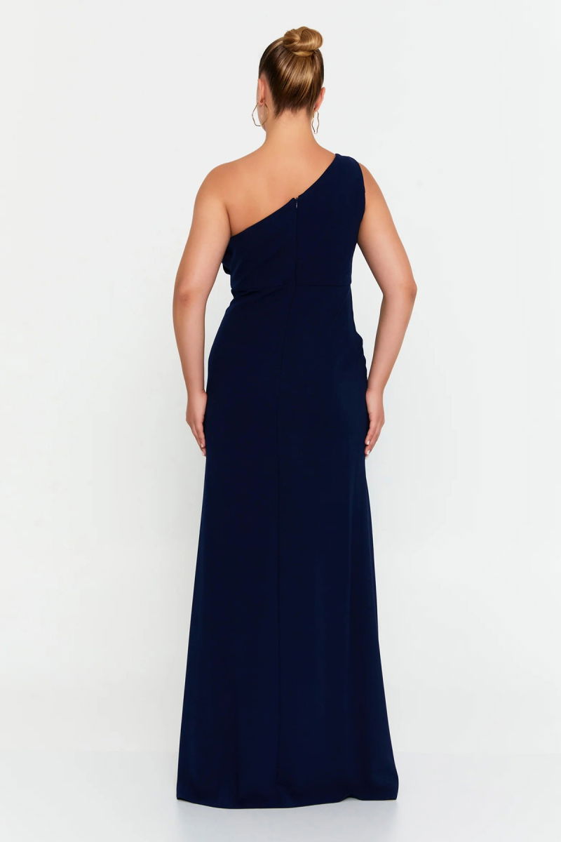 Doridorca Kadın Büyük Beden Tek Omuz Detaylı Derin Yırtmaçlı Abiye Elbise 7132 Lacivert - 4