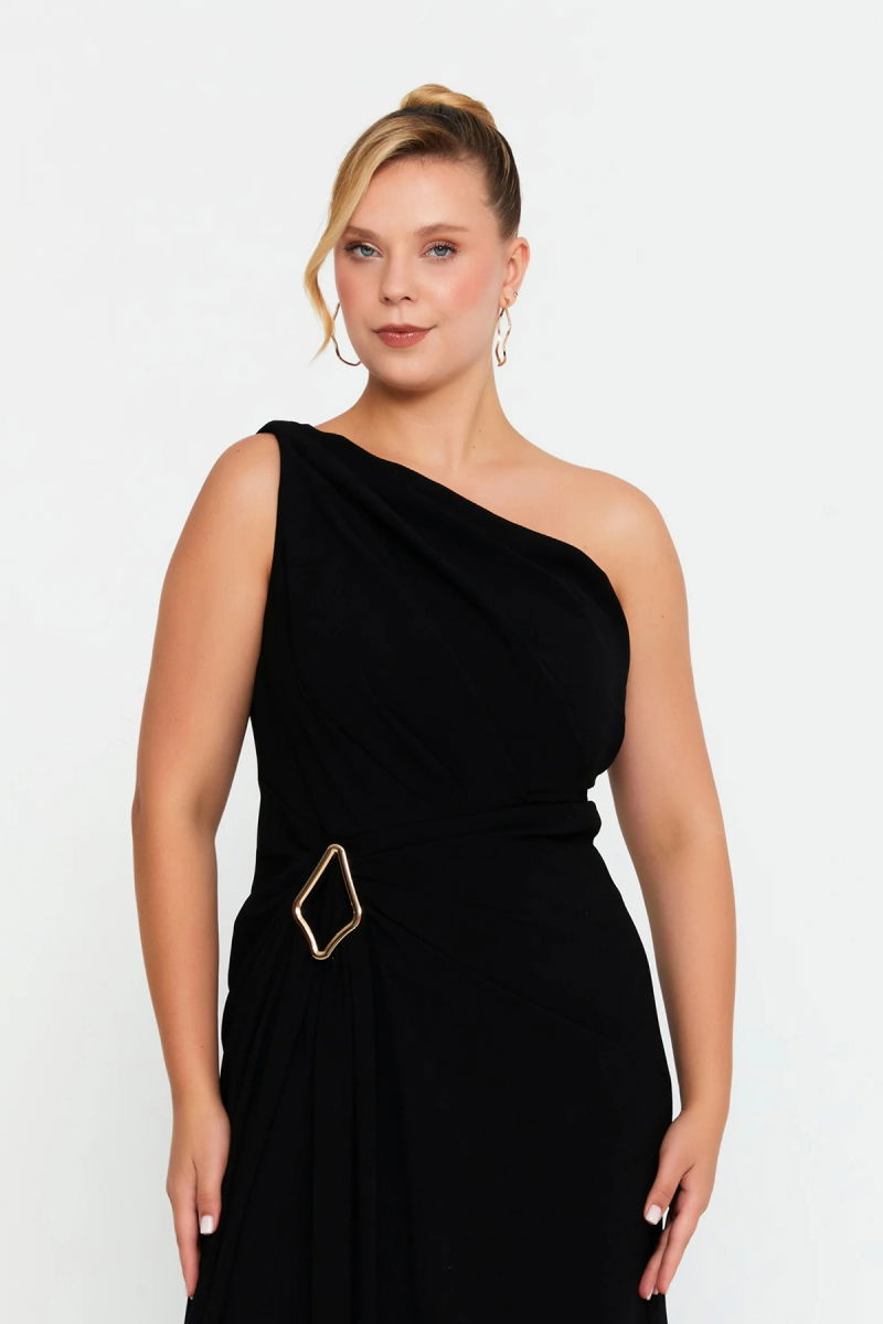 Doridorca Kadın Büyük Beden Tek Omuz Detaylı Derin Yırtmaçlı Abiye Elbise 7132 Siyah - 3