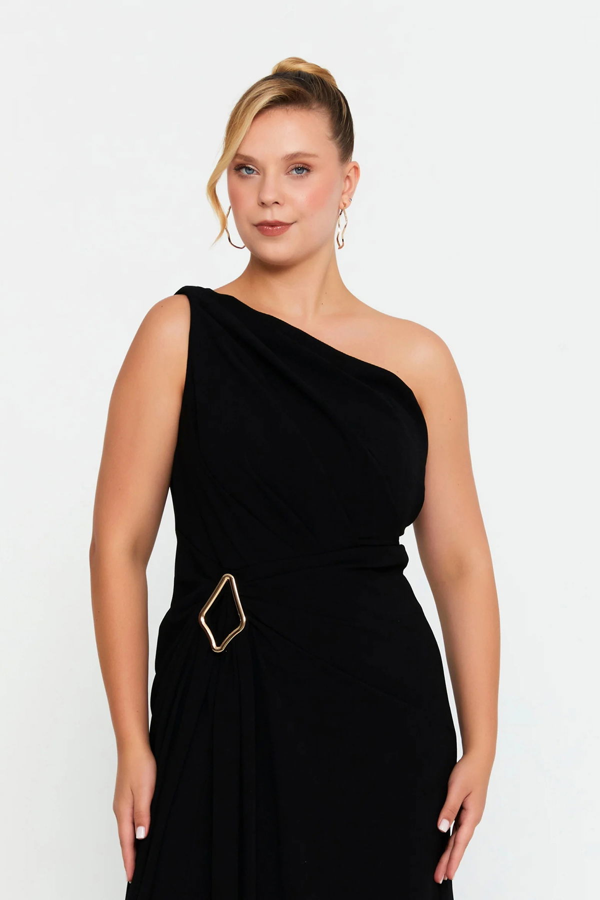 Doridorca Kadın Büyük Beden Tek Omuz Detaylı Derin Yırtmaçlı Abiye Elbise 7132 Siyah - 3